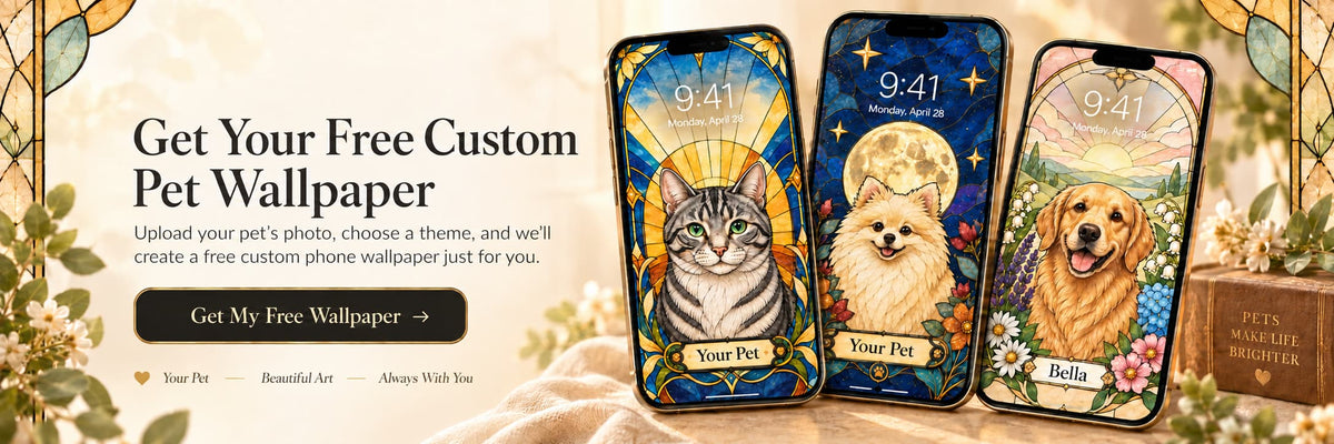 Examples of custom pet wallpapers displayed on three phones