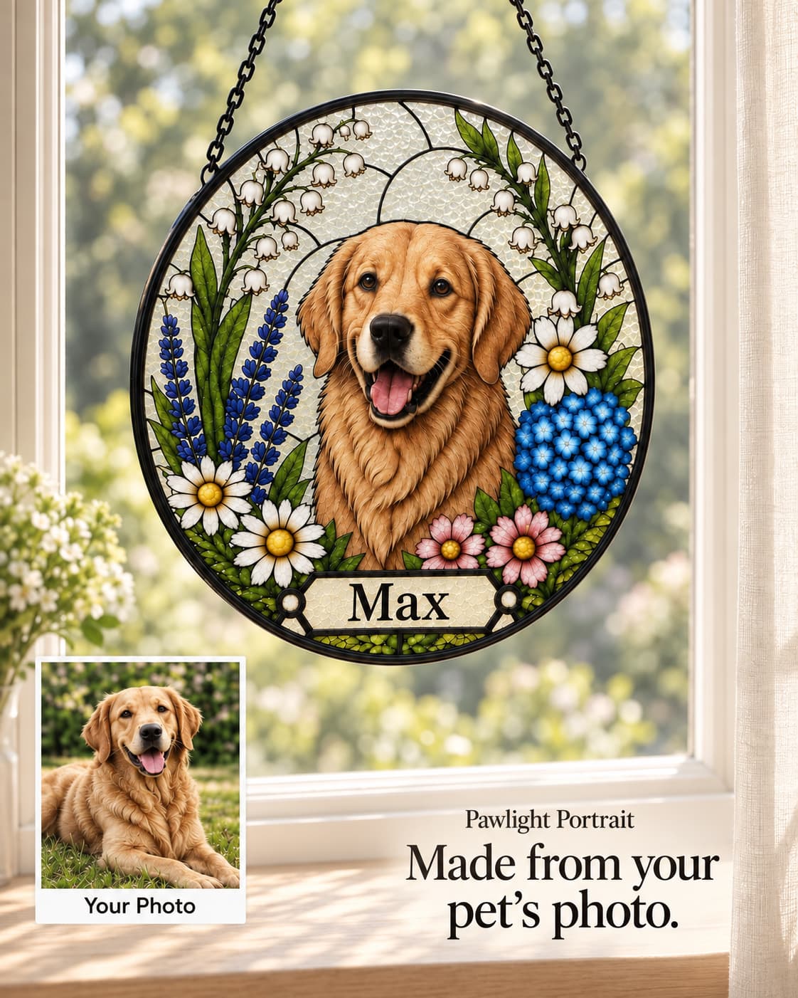 Pawlight Portrait™ personalized stained-glass-style suncatcher featuring a golden retriever named Max surrounded by flowers, hanging in a sunlit window with the original pet photo below.