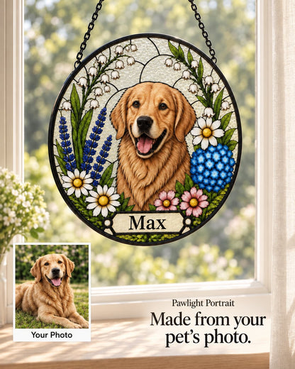 Pawlight Portrait™ personalized stained-glass-style suncatcher featuring a golden retriever named Max surrounded by flowers, hanging in a sunlit window with the original pet photo below.