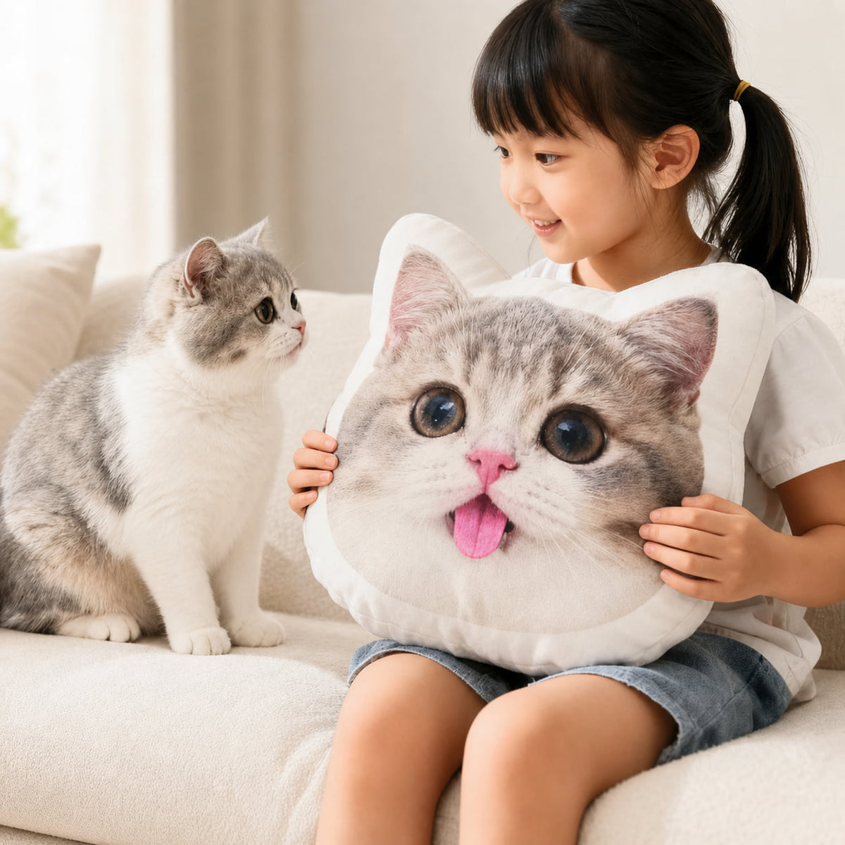 Personalized pet portrait pillow made from a cat photo