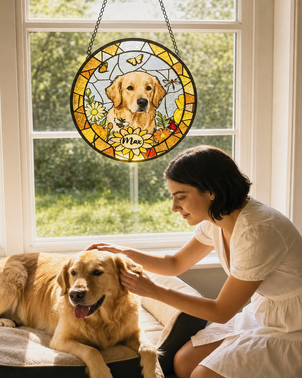 Custom pet portrait suncatcher personalized with a dog photo and name