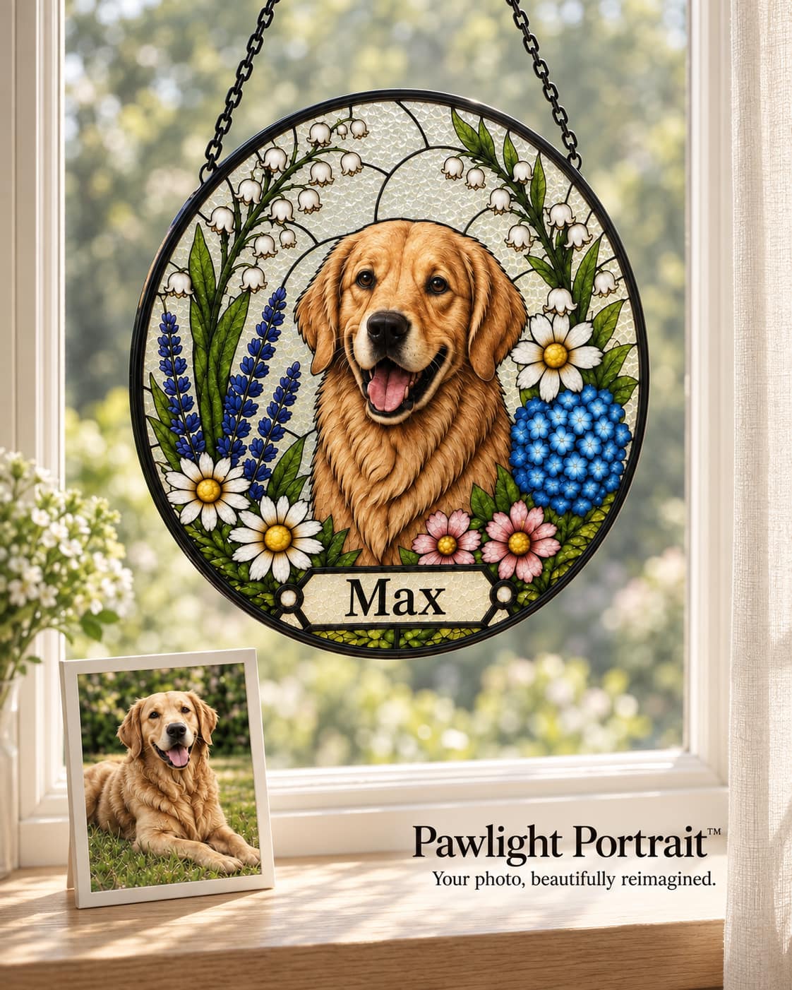 Pawlight Portrait™ personalized stained-glass-style suncatcher featuring a golden retriever named Max surrounded by flowers, hanging in a sunlit window with the original pet photo below.